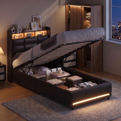 Letto contenitore 90x200 cm con rete a doghe per adulti e ragazzi - letto singolo imbottito in pu con vano idraulico presa usb e luci led - nero (1/5)