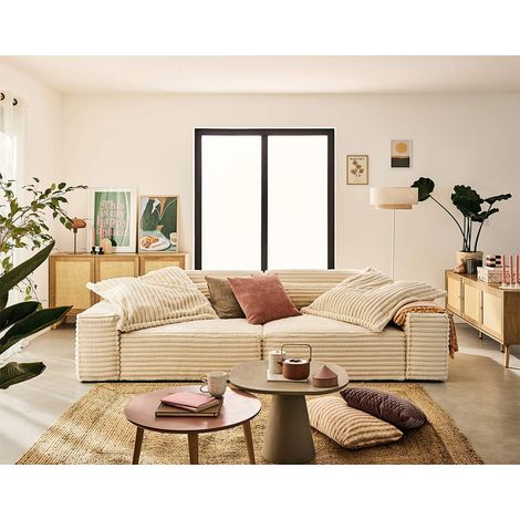 Richie - 3-sitzer einzelsofa mit doppelter récamiere - tiefe sitzfläche - aus geripptem kunstpelz - beige