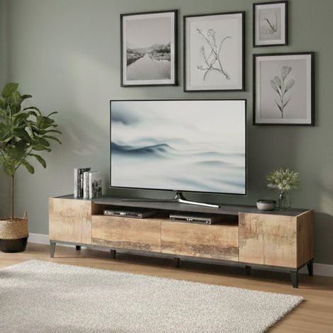 Dmora - Mueble de televisión Dmaigna, Aparador bajo para salón con 2 puertas, base soporte TV, 100% Made in Italy, cm 200x40h47, Pizarra y Arce (1/5)