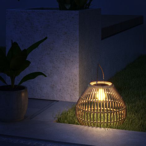 Lampada solare da giardino, in rattan PE, design boho, 31 cm x 31 cm x 32 cm, gialla