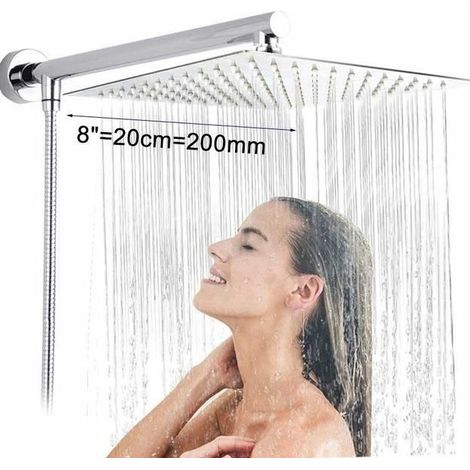 Pomme de douche ultrafin Chrome brillant 8 "+ bras de douche en laiton 15" + flexible en acier inoxydable 59 " pomme de douche mural (1/3)