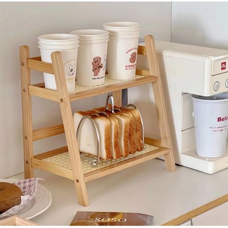 Étagère à échelle en bambou à double couche, mini étagère polyvalente, étagère à tasses de cuisine, étagère à pain, présentoir à fleurs de jardin (1/5)