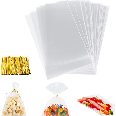 Bolsas transparentes, 100 unidades, bolsas grandes para dulces (14 x 25 cm), con 100 lazos de colores. Aptas para bolsas transparentes. (1/5)