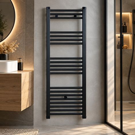 Stano. – Radiateur sèche-serviettes eau chaude 120 x 50 cm noir mat – Acier anticorrosion – Tubes ronds Ø 21 mm – Puissance 430 W