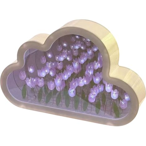 1 Lampe de table tulipe miroir, veilleuse LED fleurs artificielles, décoration chambre bureau, cadeau violet (1/5)