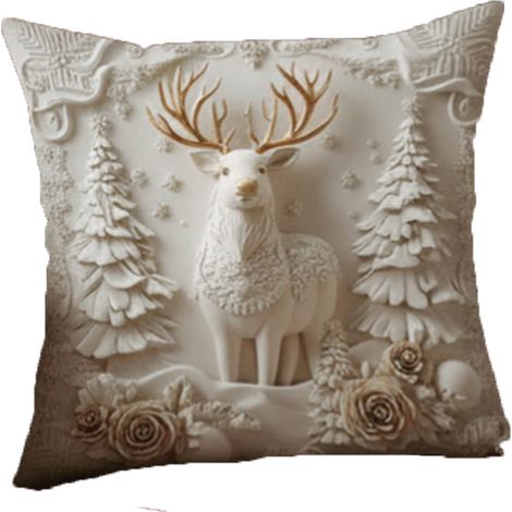 Housse De Coussin Noel - Motif Bonhomme De Neige Arbre Et Cerf - Tissu Lin Epais - Fermeture Eclair Invisible - 45 X 45 Cm - Lot De 1