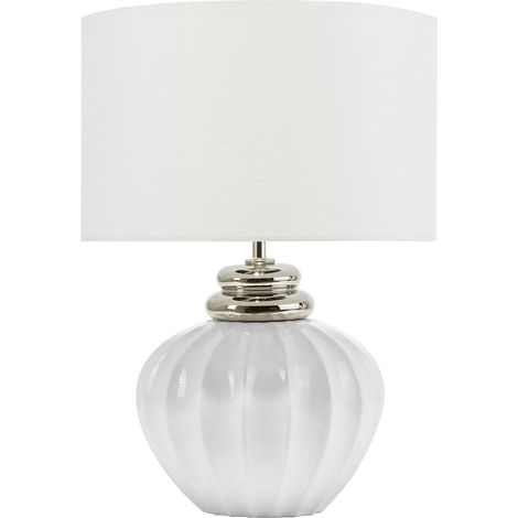 Lampe de Table à Poser en Céramique Blanche et Argentée et Abat-jour en Toile de Lin E27 Max. 60W Lumière Tamisée pour Salon Classique Beliani