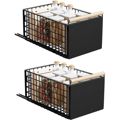 2 pièces tiroir coulissant cuisine, Tiroir télescopique plus hauts, Avec glissières de tiroir et poignée en bois, Tiroir en métal pour armoires de cuisine Organiseur - 40x24×19.5CM (1/5)