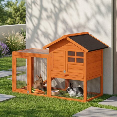 Jaula para conejos de dos pisos con techo de betún impermeable, corral, rampa y puertas, de madera, 123,5 x 62,6 x 92,5 cm, color naranja.