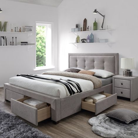 Lit 160x200 beige avec sommier et tiroirs de rangement Enora (1/5)