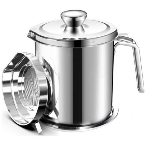 Oil Pot de graisse pour bidon de stockage en acier inoxydable avec bidon de 2 litres en Couvercle anti-poussière pour tamis à mailles fines Plaque antidérapante stockage d'huile de friture (1/4)