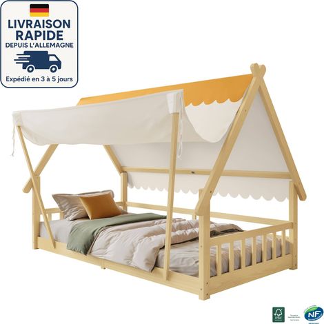 Cama infantil 90x200cm - Cama infantil cabina - Tienda desmontable, somier estable con barandillas de seguridad - Madera certificada PEFC - Pino + contrachapado - color natural (1/5)