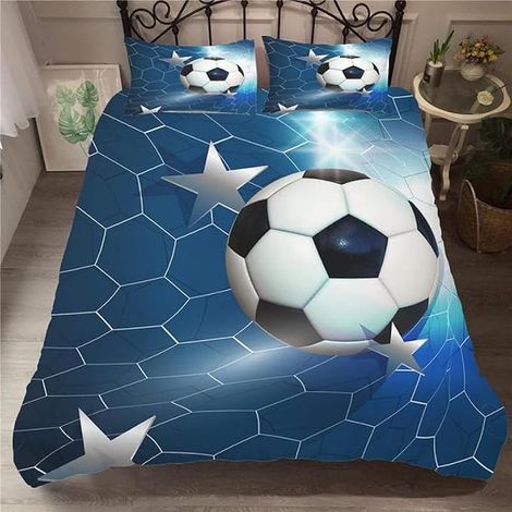 Parure de Lit 90x190 Enfant Football Bleu Housse de Couette 1 Personne Imprimée des Sports Housses de Couettes avec Fermeture Éclair en Microfibre et 2 Taies d'oreiller 65x65 cm (1/5)