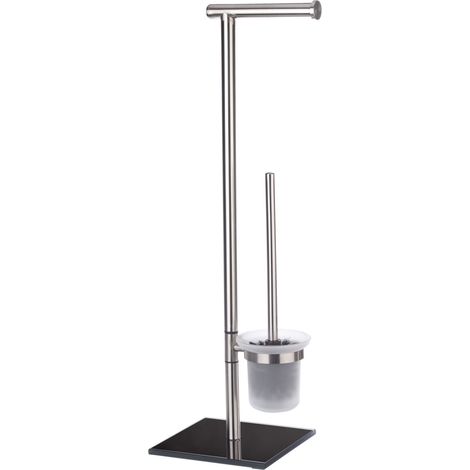 WENKO Stand WC-Garnitur Lima Edelstahl, rostfrei, Schwarz, Edelstahl rostfrei satiniert, Gehärtetes Glas schwarz