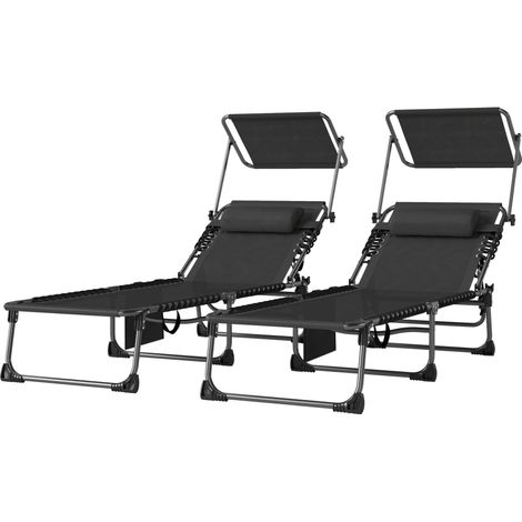 Tumbonas plegables noir avec repose-tête, parasol, poche latérale, dossier inclinable 5 positions, lot de 2