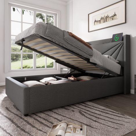 Lit coffre rembourrée 90x200 cm lit 1 personne avec espace de rangement, tête de lit , recharge USB-C et sommier à lattes inclus - Grise (Sans matelas) (1/5)