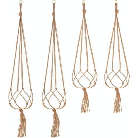 Ensemble de 4 supports pour plantes suspendus en macramé (2 de 105 cm et 2 de 90 cm) pour la décoration intérieure et extérieure du jardin. (1/5)