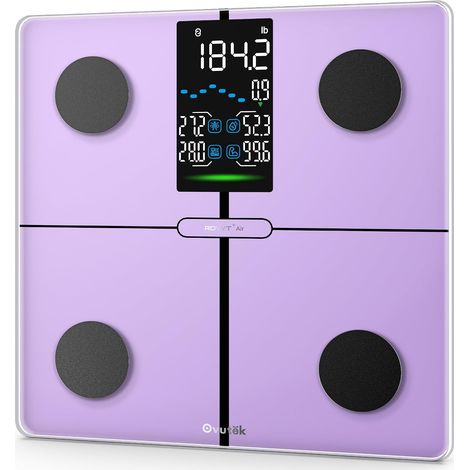 Balance Pese Personne avec 5" LED Grand Écran, 180kg/400lb, Violet Haute Précision Balance Connectée avec APP, Mesure 14 Données Corporelles pour Fitness-Tracking, 180kg/400lb, IMC (1/5)