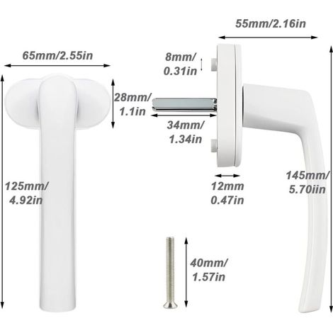 Lot de 2 poignées de fenêtre en acier en plastique, serrure de fenêtre coulissante, poignée de porte de balcon avec 4 vis, poignée tournante et pour toutes les portes et fenêtres courantes (blanc) -DP (1/4)