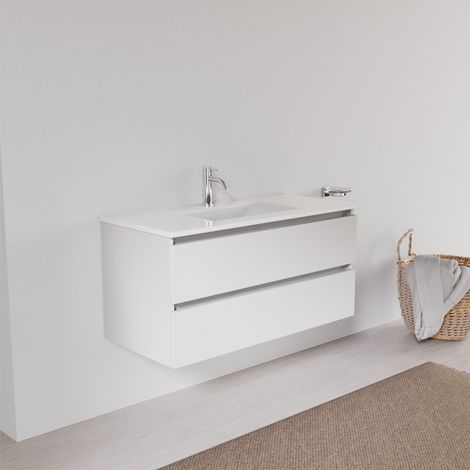 Inda - Badezimmerschrank 2 Schubladen L.100 mit quadratischem Waschbecken – Weißer Ledereffekt (1/5)