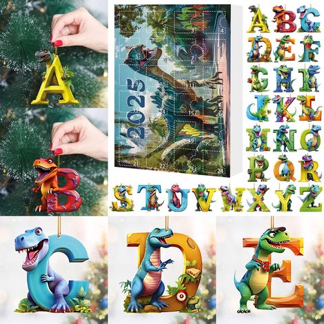 Calendrier De Lavent 2025 - Pendentifs En Acrylique En Forme De Dinosaure Avec Lettres - Boîte De Compte À Rebours Pour Noël - 24 Pièces (1/5)