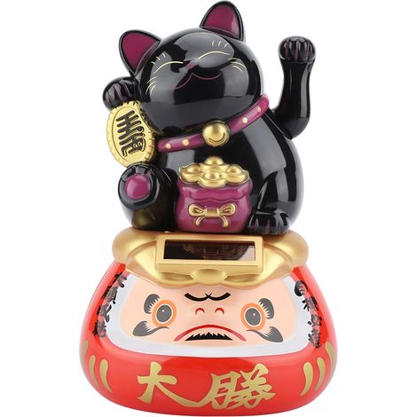 Maneki Neko solaire adorable chat porte-bonheur agitant la main accessoire de voiture (noir) (1/5)