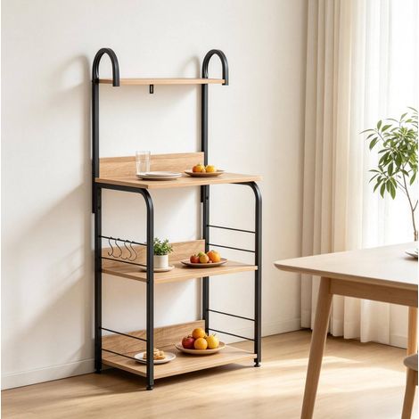 Mensola da cucina con ganci, 4 ripiani, 60 x 40 x 125 cm, nero e legno naturale DESVIAE (1/5)