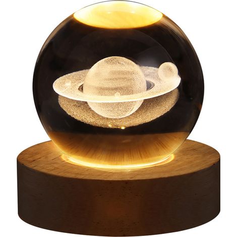 1 Veilleuse boule de cristal, gravure 3D planète Saturne, base en bois massif, lampe LED rechargeable USB, décoration intérieur salon chambre (1/5)