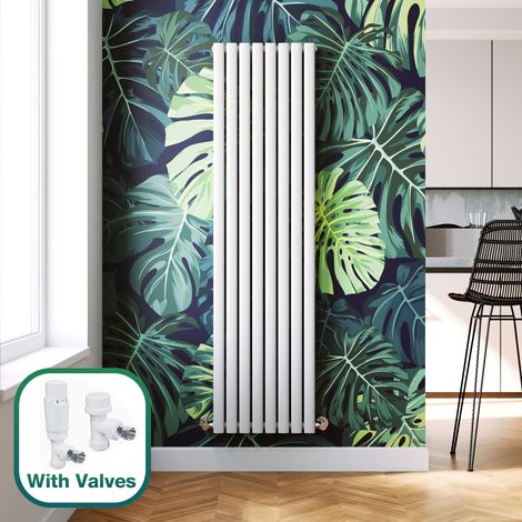 ELEGANT 1800 x 480 mm White Efficient Vertical Column Designer Rads Double Panel Radiator Heater + White Thermostatic Radiator Valves (1/5)