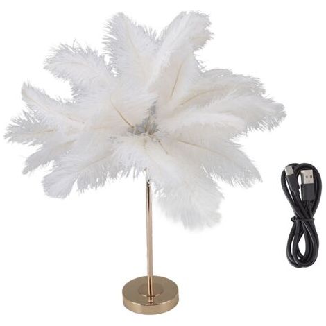 Plume Lampe De Table Interrupteur Tactile USB Plume D'autruche Lampe 3 Couleur Gradation Lampe De Bureau avec Base En Métal Doré 30pcs Plume (1/5)