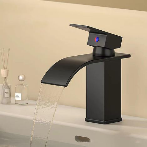 Robinet de cuisine ou de salle de bain - Court - Avec fonction d'économie d'eau - Pour salle de bain, invités, WC, lavabo, camping-car - Avec 2 tuyaux de raccordement de 60 cm (G) - Noir (1/5)