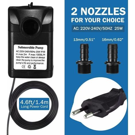 Pompe submersible aquarium 1500L/H ultra-silencieuse 25W, fonction sèche 48H, cordon 1,5m, 2 buses (1/2)