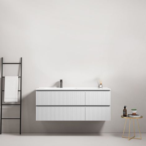 Mobile bagno sospeso cannettato 120 cm Bianco Lavabo a Sinistra in Ceramica Senza Specchio - Fiji Paint (1/4)