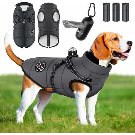 LOVPET® Hundejacke Hundemantel mit Geschirr   inkl. 45 Stück Kotbeutel + Spender   Hunde Winterweste gefüttert wasserdicht   Gepolsterte Weste Mit Brustgurt   Anthrazit / 5XL