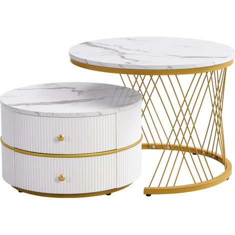 Table basse gigogne blanche lot de 2 tables basses rondes effet marbre brillant avec 2 tiroirs de rangement 60x60x46 cm (1/5)