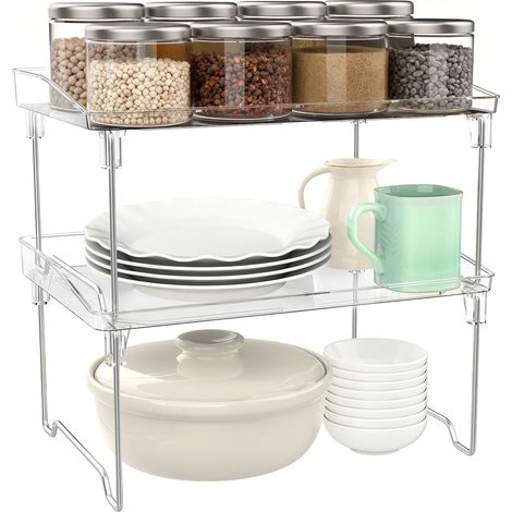 2 Packs Rangement Placard Cuisine, Pliable Étagère Cuisine Empilable Organisateur Cuisine, Transparentes Etagere a Epices pour Armoires, Garde manger, Plans de Travail (1/5)
