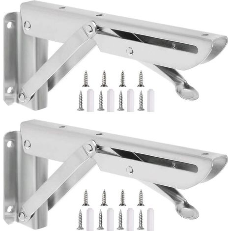 Équerre Pliante , 2 Pièces Étagère Pliante en Acier Inoxydable Support Console Pliable Equerre pour Etagere Murale, Cadre de Support D'étagère de Garage Charge Max 80kg (1/5)
