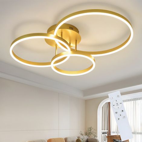 GBLY Plafoniera a LED per soggiorno, dimmerabile, 82 cm, design moderno, oro, 74 W, lampada da soffitto per camera da letto con telecomando, illuminazione da soffitto con 3 anelli in acrilico.