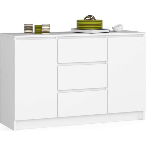 Akord – Commode enfant blanche 120 cm – 2 portes – 3 tiroirs – 4 étagères – Panneau stratifié – Finition mate – Dimensions 120x40x77 cm (1/5)