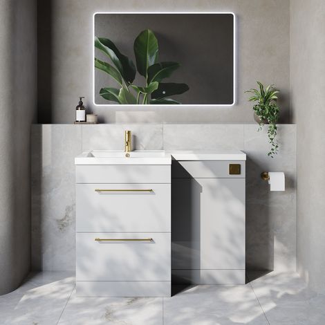 Napoli 460 Gloss Grey Pearl 1100mm 2 Drawer Vanity Unit Toilet Suite with Left Hand Square Lucia Basin - 1100mm - Brushed Brass 320mm HandleWithout Kingston Toilet Pan