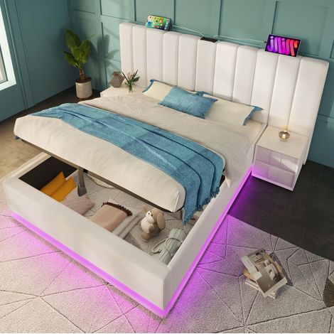 Lit coffre tapissé 180x200 cm avec matelas, LED via app, USB-C et sommier, PU blanc (1/5)