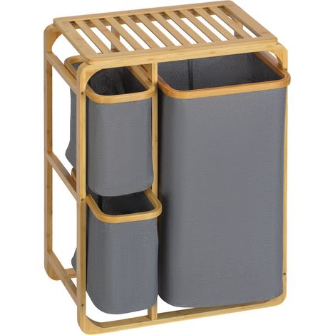 Panier à linge 3 compartiments bambou tissu 50x32x69,7cm