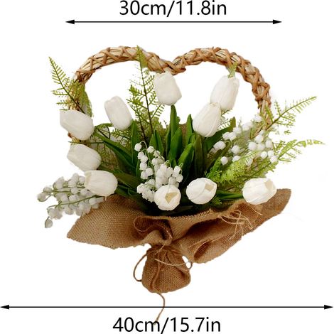 Couronne de fleurs en forme de cœur composée de tulipes printanières, de roses rouges et d'œillets, à suspendre au mur ou à poser sur une porte - Idéale pour la Saint-Valentin et la Fête des Mères - R