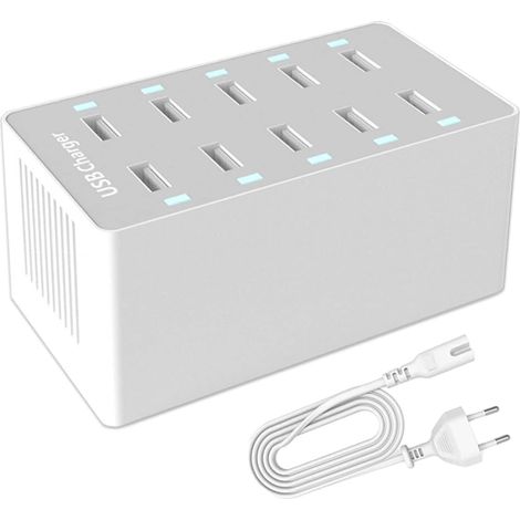 Station de Charge USB, hub Chargeur USB de 50 W à 10 Ports, Chargeur USB multiport avec Smart Detect, Compatible avec iPhone, Galaxy, Tablette iPad et Autres appareils de Charge USB