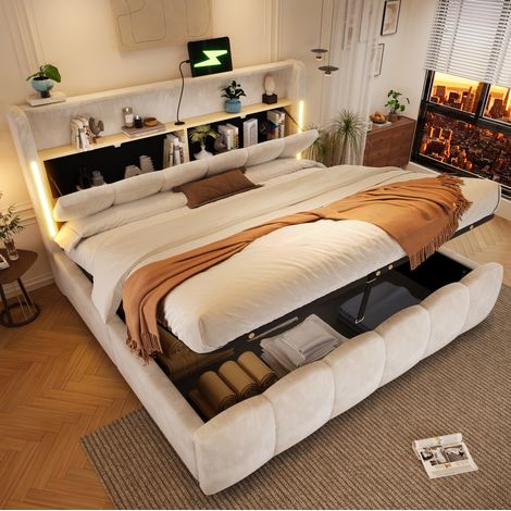 Lit coffre 180x200 cm avec LED, rangement hydraulique, USB et Type-C, tête de lit coffre, velours - beige (1/5)
