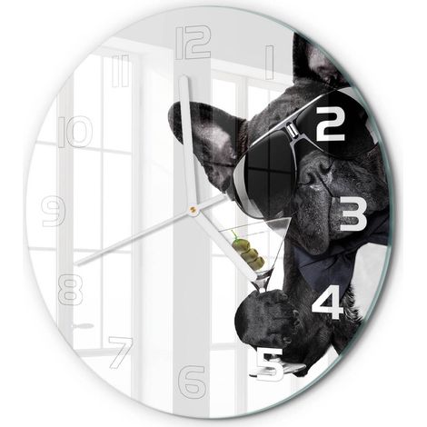 Horloge Murale Ronde Décoration Murale Verre Trempé Design Artistique Chien martini fi 30 cm (1/5)