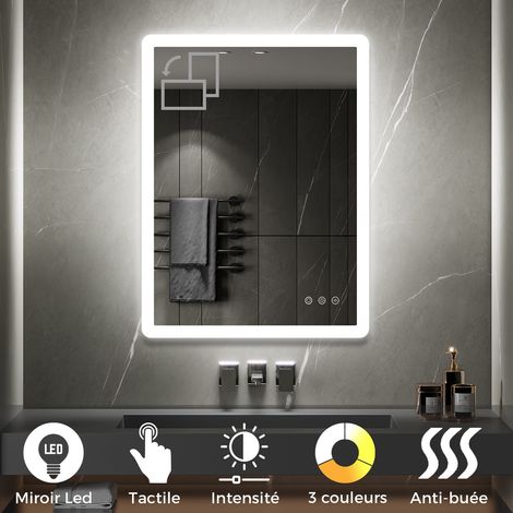 Saniverre – Miroir mural LED lumineux 60x80 cm – Fonction tactile et antibuée – Verre haute définition 5mm – Éclairage 2100 lumens