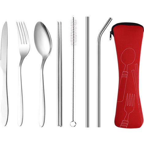 Couverts De Voyage En Acier Inoxydable - 7 Pièces Avec Étui De Transport - Couteau Cuillère Fourchette Paille Droite Courbée Baguettes Brosse De Nettoyage (1/5)
