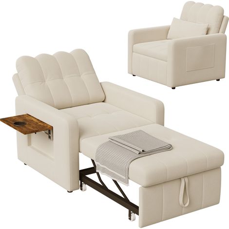 Fauteuil avec fonction extensible en lit, 108x85x86 cm, plateau latéral et sac, dossier ajustable, beige