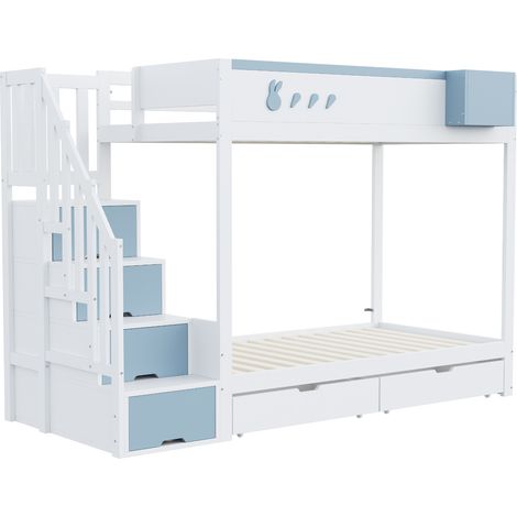 Lit superposé enfant avec décor lapin et carotte, étagère amovible, garde-corps, tiroirs de rangement, échelle avec placard, structure bois massif, 90x200 cm (1/5)